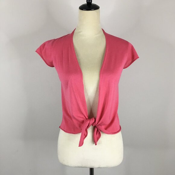 EILEEN FISHER Dark Pink Silk Blend Knit Short Sleeve Tie Front Hem Sweater Top - Picture 5 of 7